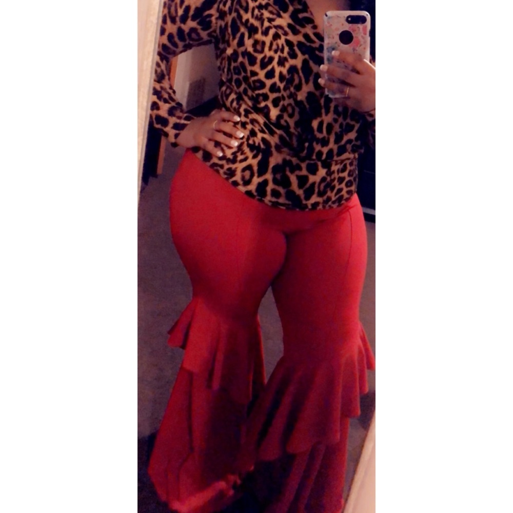 Red Stretchy Flare Bell Bottoms With Ruffle Detail At Knee
